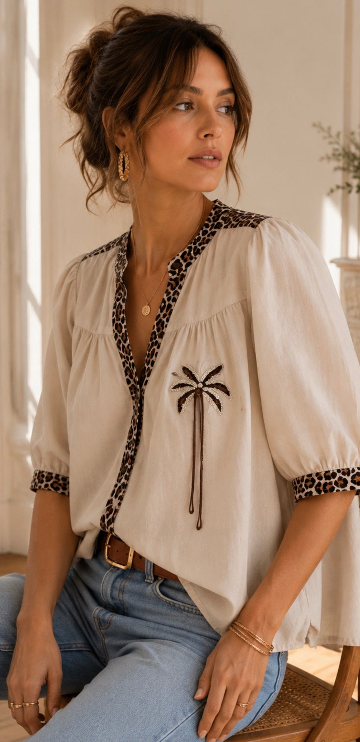 Blouse écrue détails léopard LOUNAE
