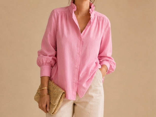 Chemise unie rose manches longues col à volants en coton LOUNAE