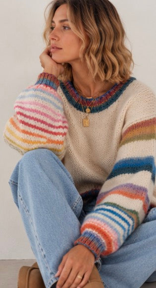 Pull Color Pop Rayé Maille Écrue contrastée LOUNAE