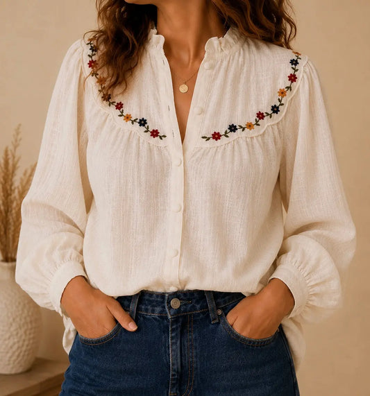 Chemise fleurie beige col à volant en coton LOUNAE