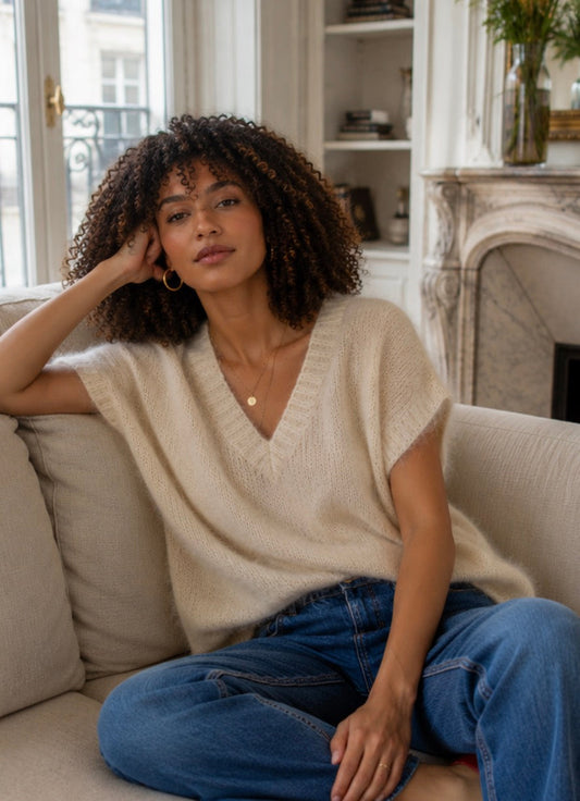 Pull beige manches courtes mohair laine LOUNAE