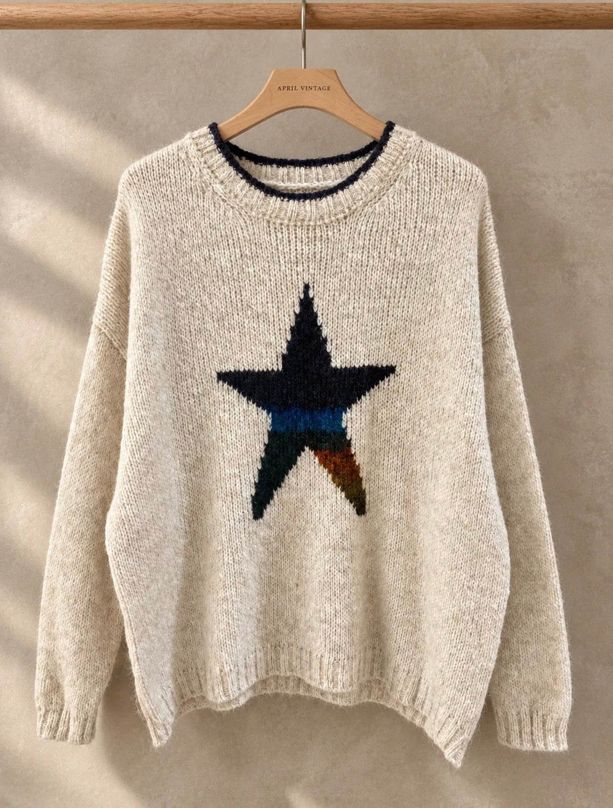 Pull Col Rond Beige Motif Etoile Multicolore LOUNAE
