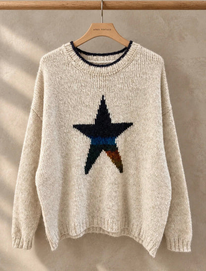 Pull Col Rond Beige Motif Etoile Multicolore LOUNAE