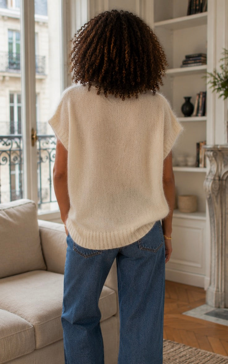 Pull beige manches courtes mohair laine LOUNAE