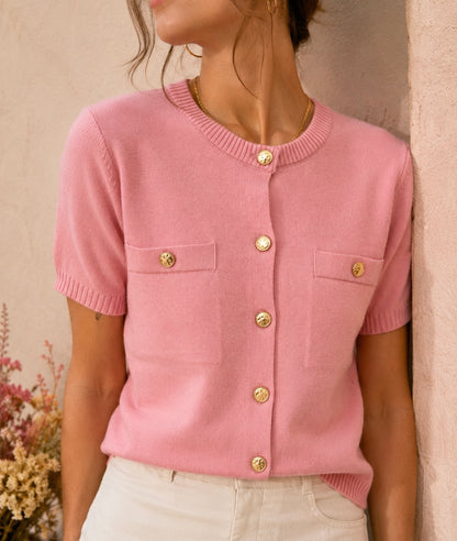 Cardigan rose LOUNAE, vue de l'encolure ronde