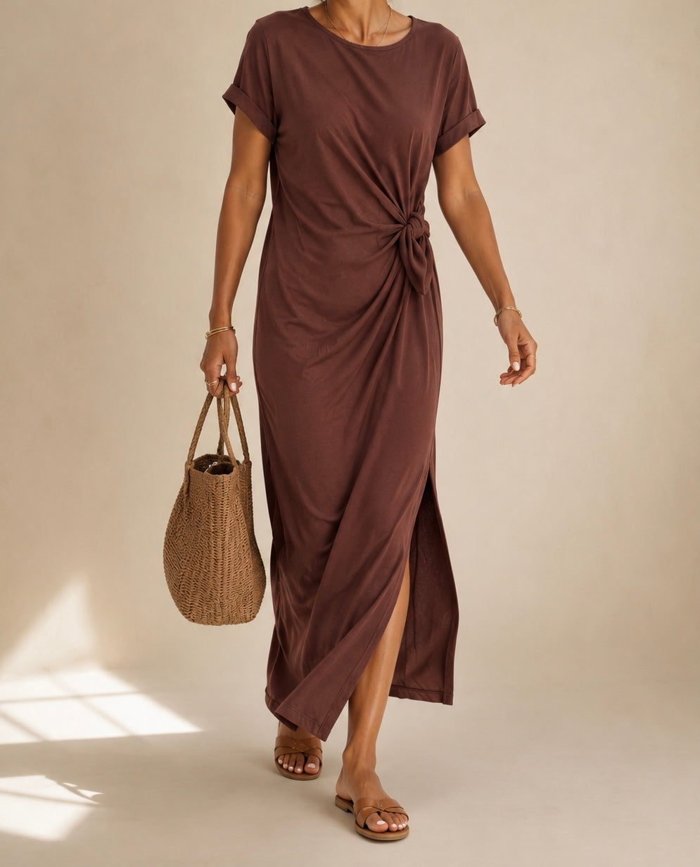 Robe longue marron détail noeuds en coton LOUNAE