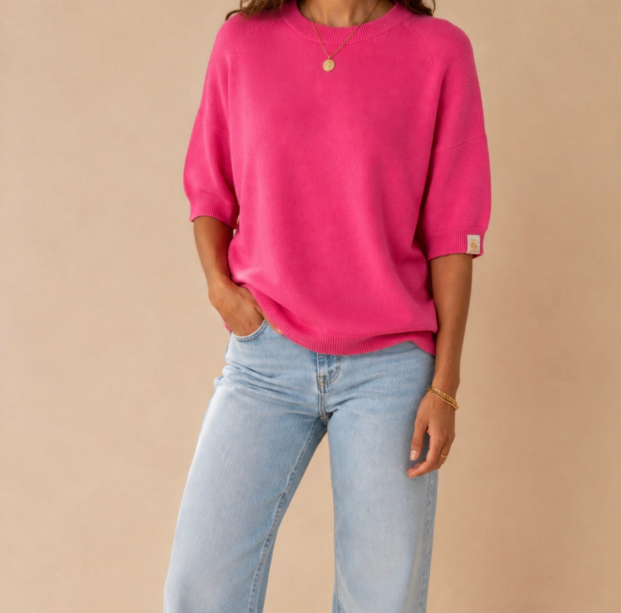 Pull col rond rose manches courtes LOUNAE