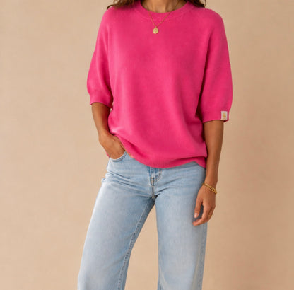 Pull col rond rose LOUNAE en viscose polyester polyamide