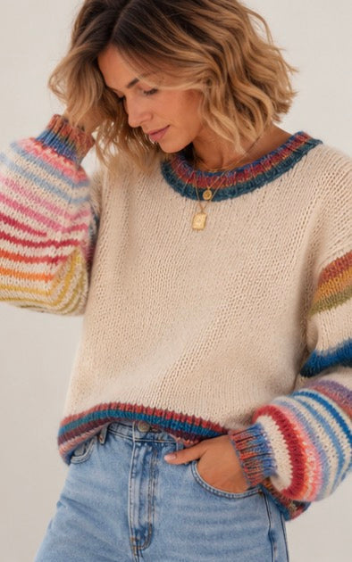 Pull Color Pop Rayé Maille Écrue contrastée LOUNAE