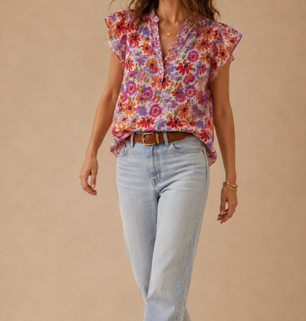 Blouse fleurie multicolore col V manches volantes LOUNAE