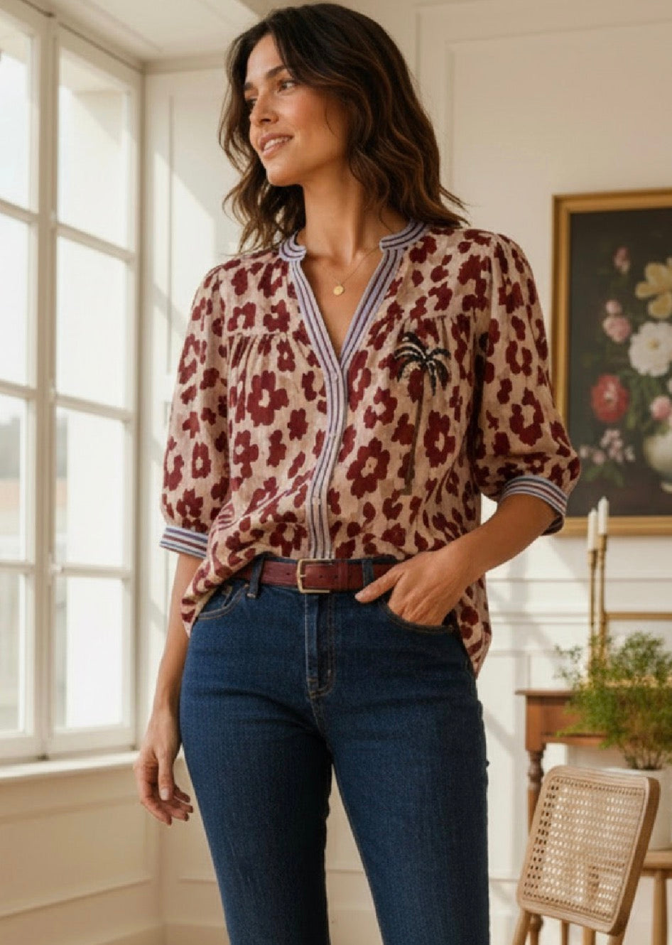 Blouse manches ballon beige et bordeaux LOUNAE
