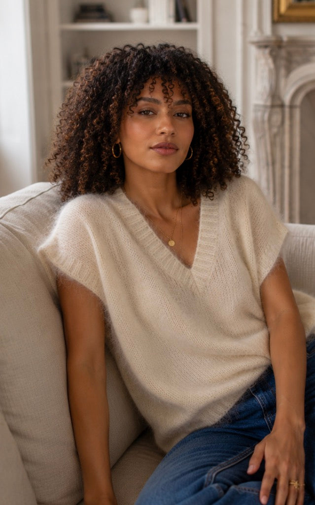 Pull beige manches courtes mohair laine LOUNAE