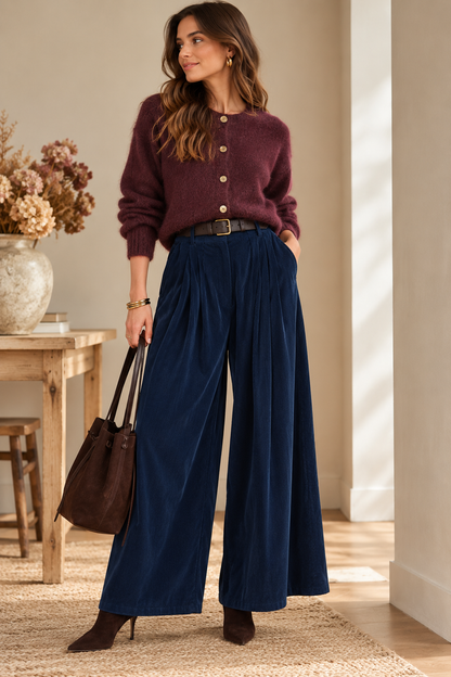 Pantalon Palazzo Bleu Marine effet velours LOUNAE