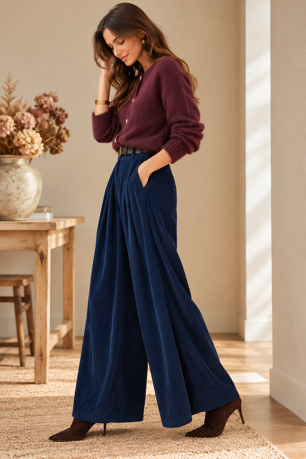 Pantalon Palazzo Bleu Marine effet velours LOUNAE