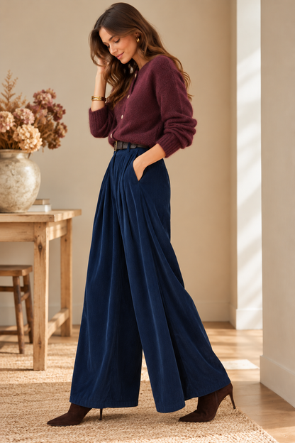 Pantalon Palazzo Bleu Marine effet velours LOUNAE
