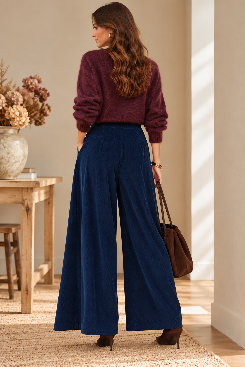Pantalon Palazzo Bleu Marine effet velours LOUNAE