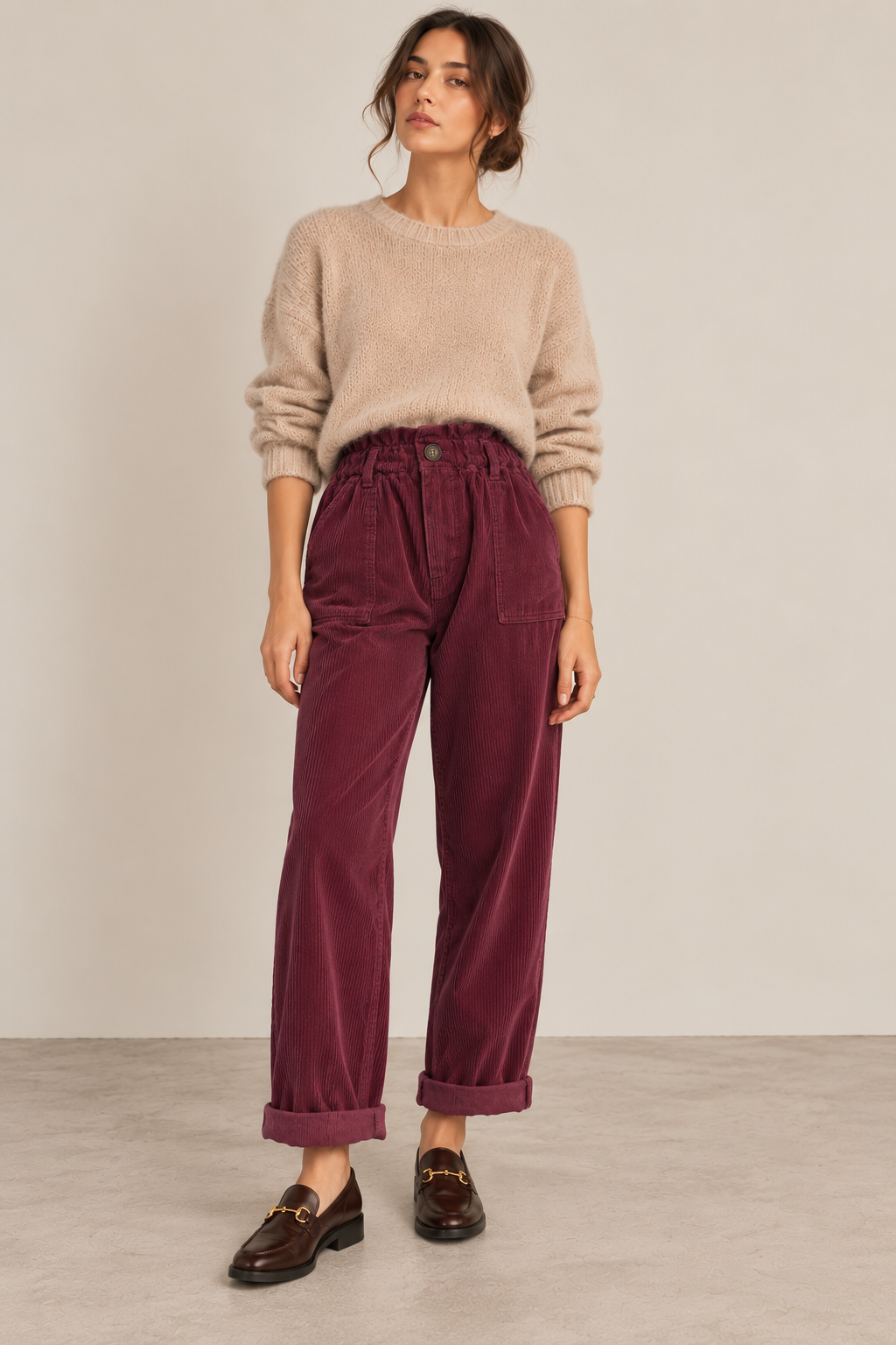 Pantalon Ample Bordeaux Velours Côtelé LOUNAE