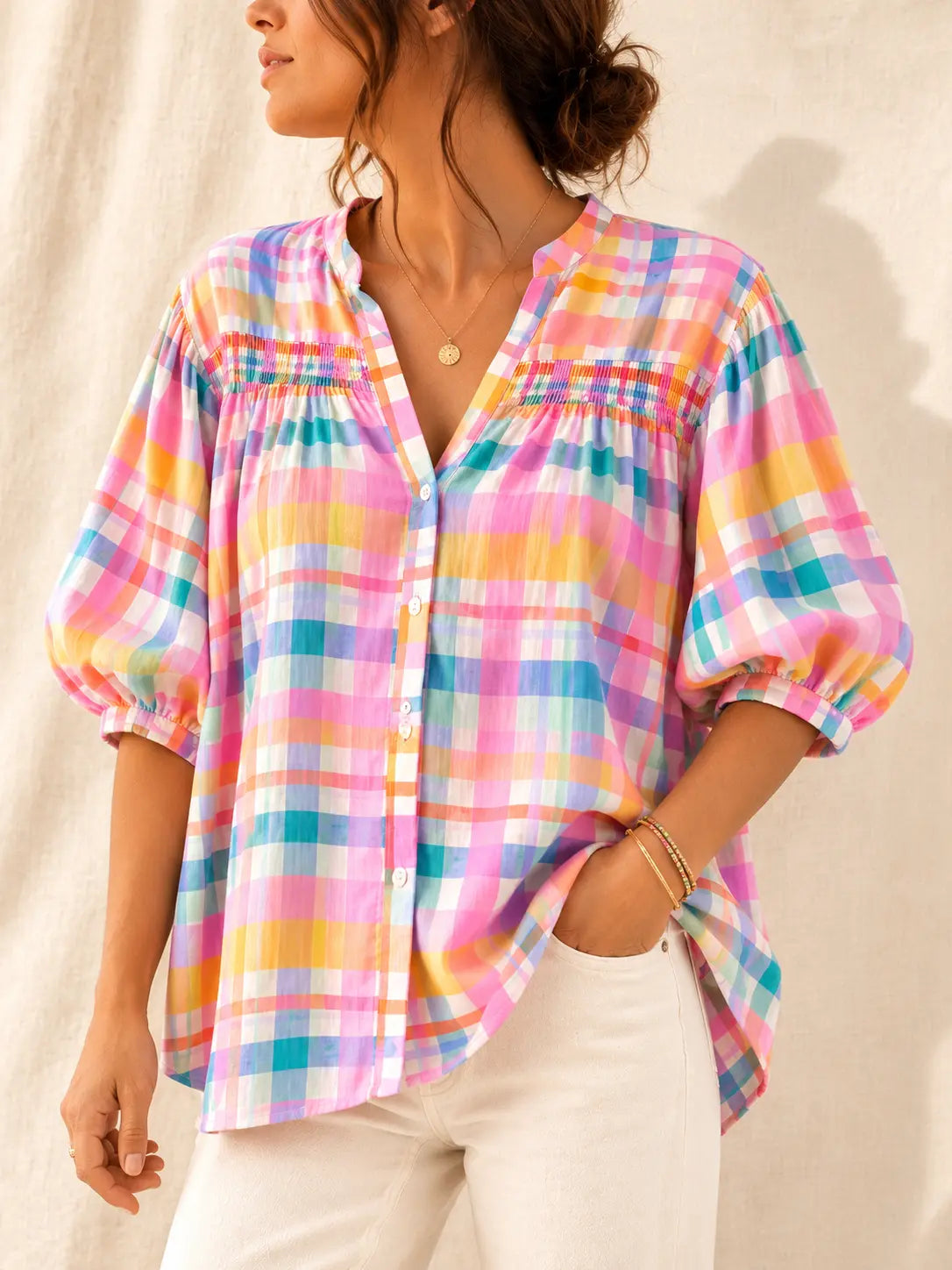 Blouse pastel à carreaux en coton LOUNAE