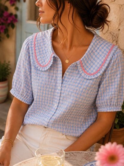 Chemise bleu et rose vichy en coton LOUNAE