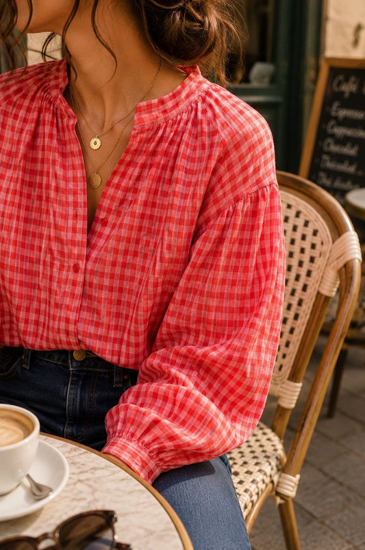 Blouse rouge et rose vichy en coton LOUNAE