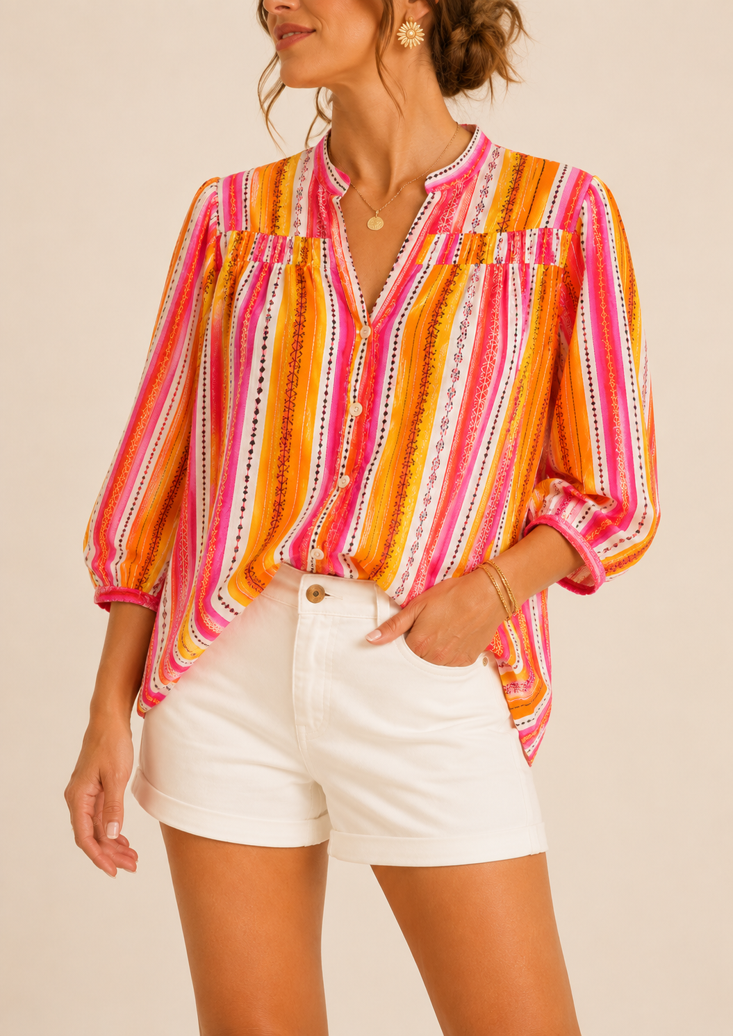 Blouse rose et orange en coton LOUNAE