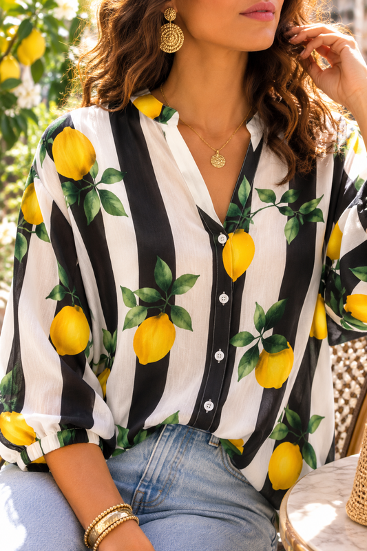 Chemise rayée imprimé citrons noire et blanche manches ballon – Taille unique LOUNAE
