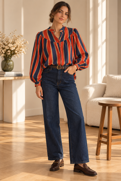Chemise manches longues rayée orange et bleue LOUNAE