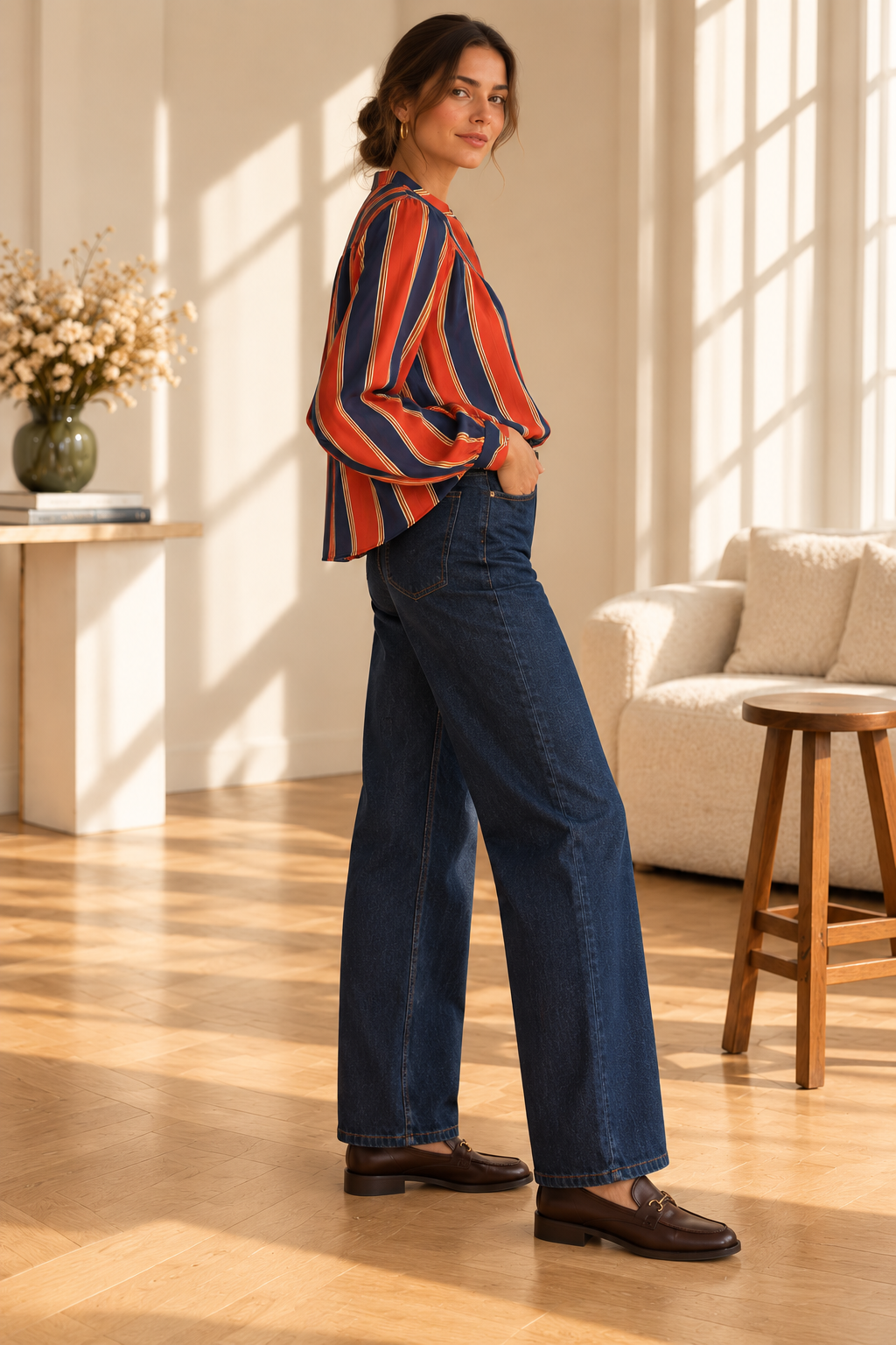 Chemise manches longues rayée orange et bleue LOUNAE
