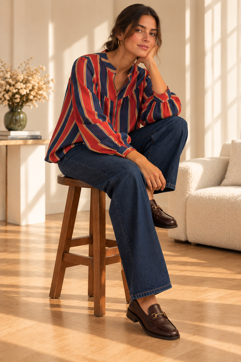 Chemise manches longues rayée orange et bleue LOUNAE