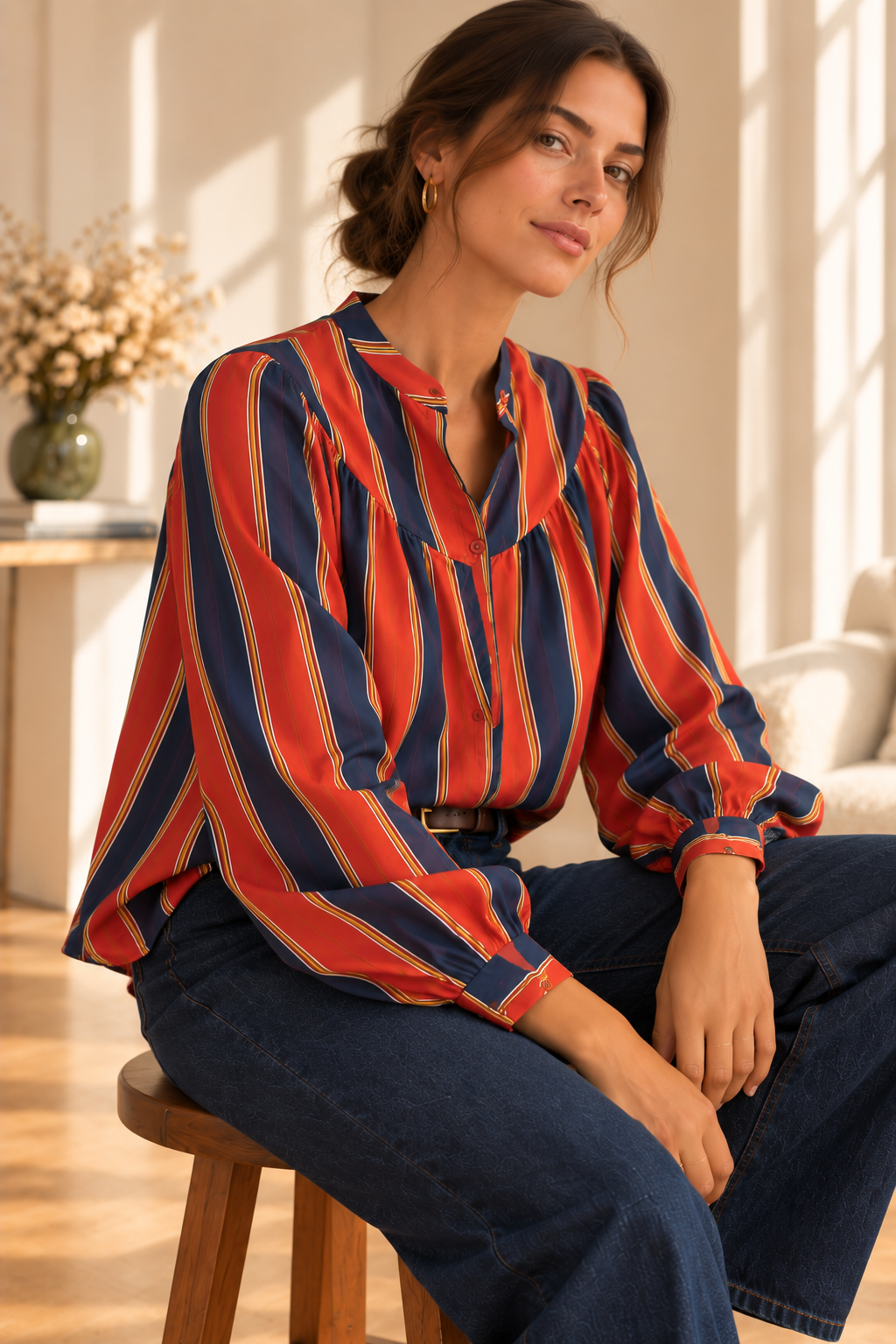 Chemise manches longues rayée orange et bleue LOUNAE