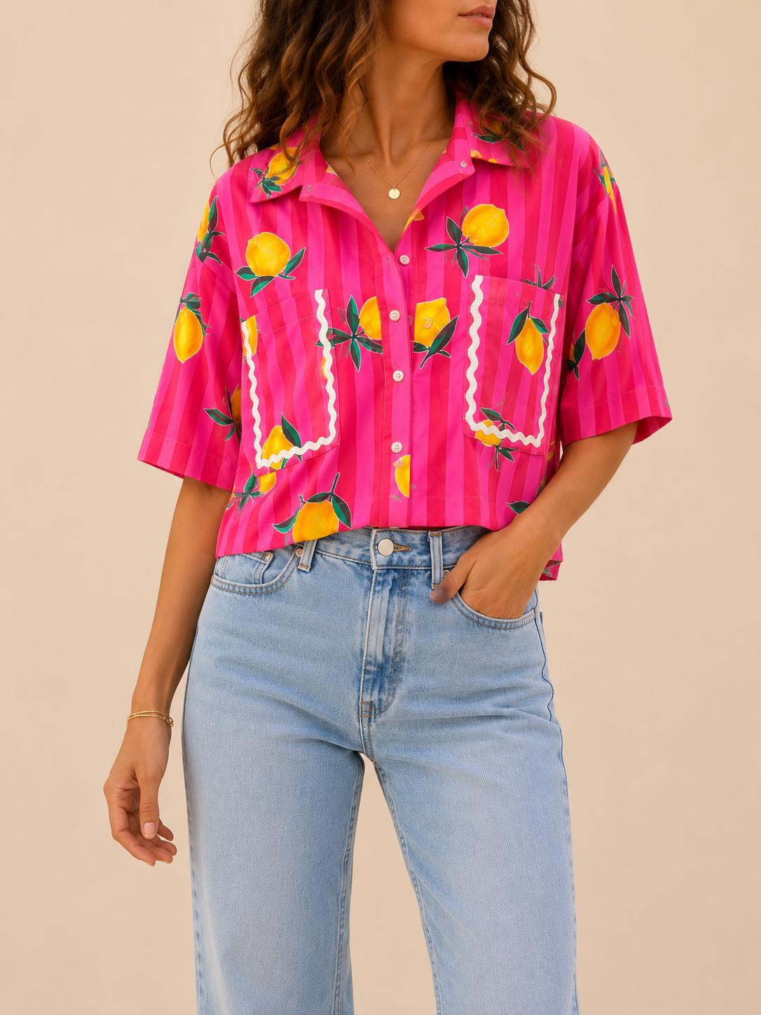 Chemise rose motifs citron - Lovika LOUNAE