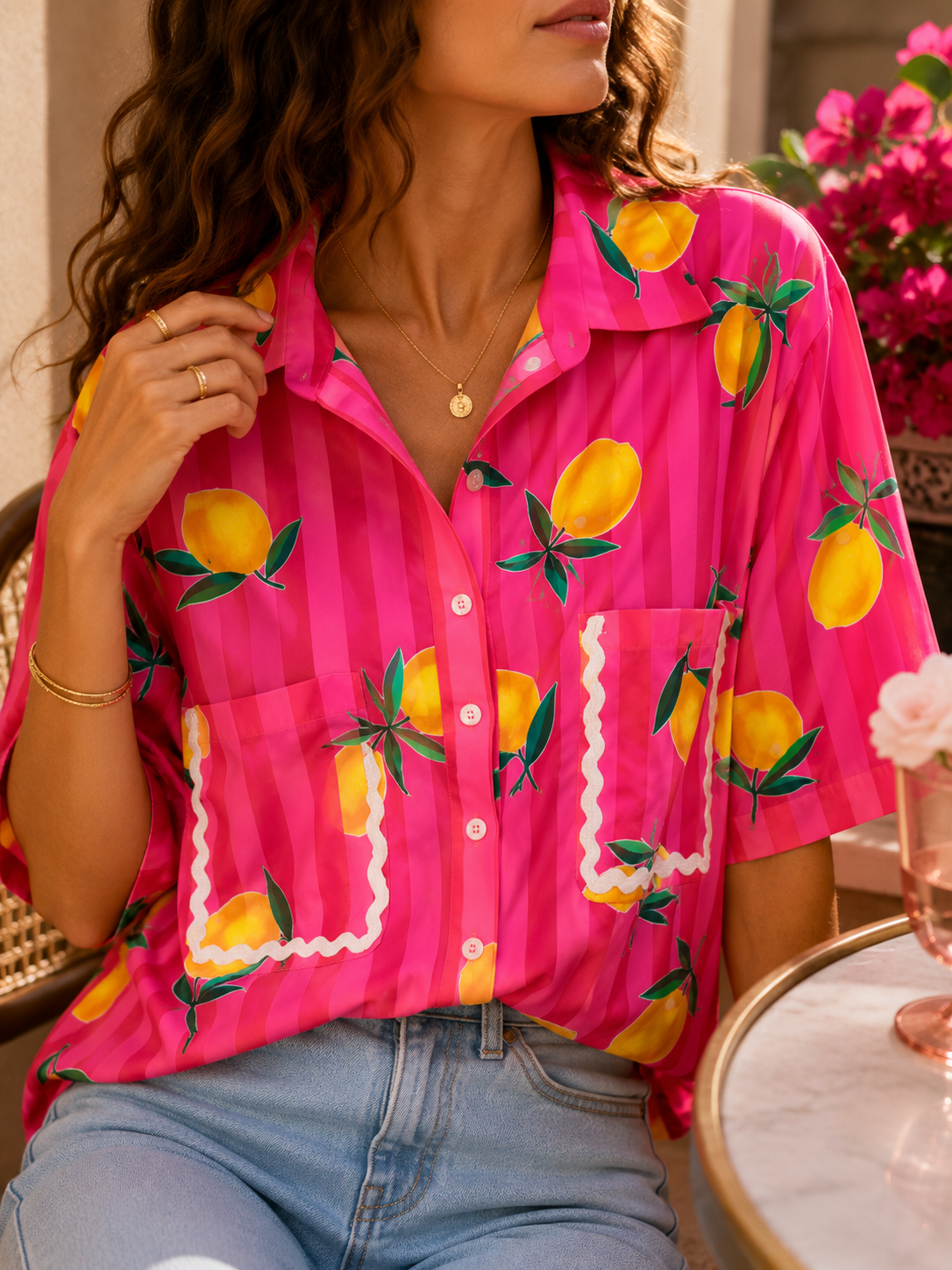 Chemise rose motifs citron - Lovika LOUNAE