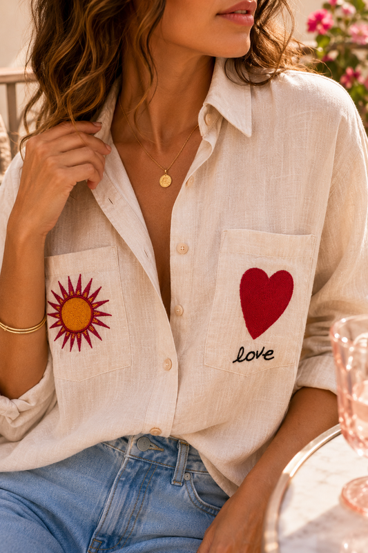 Chemise beige coton cœur et soleil - Lovena LOUNAE