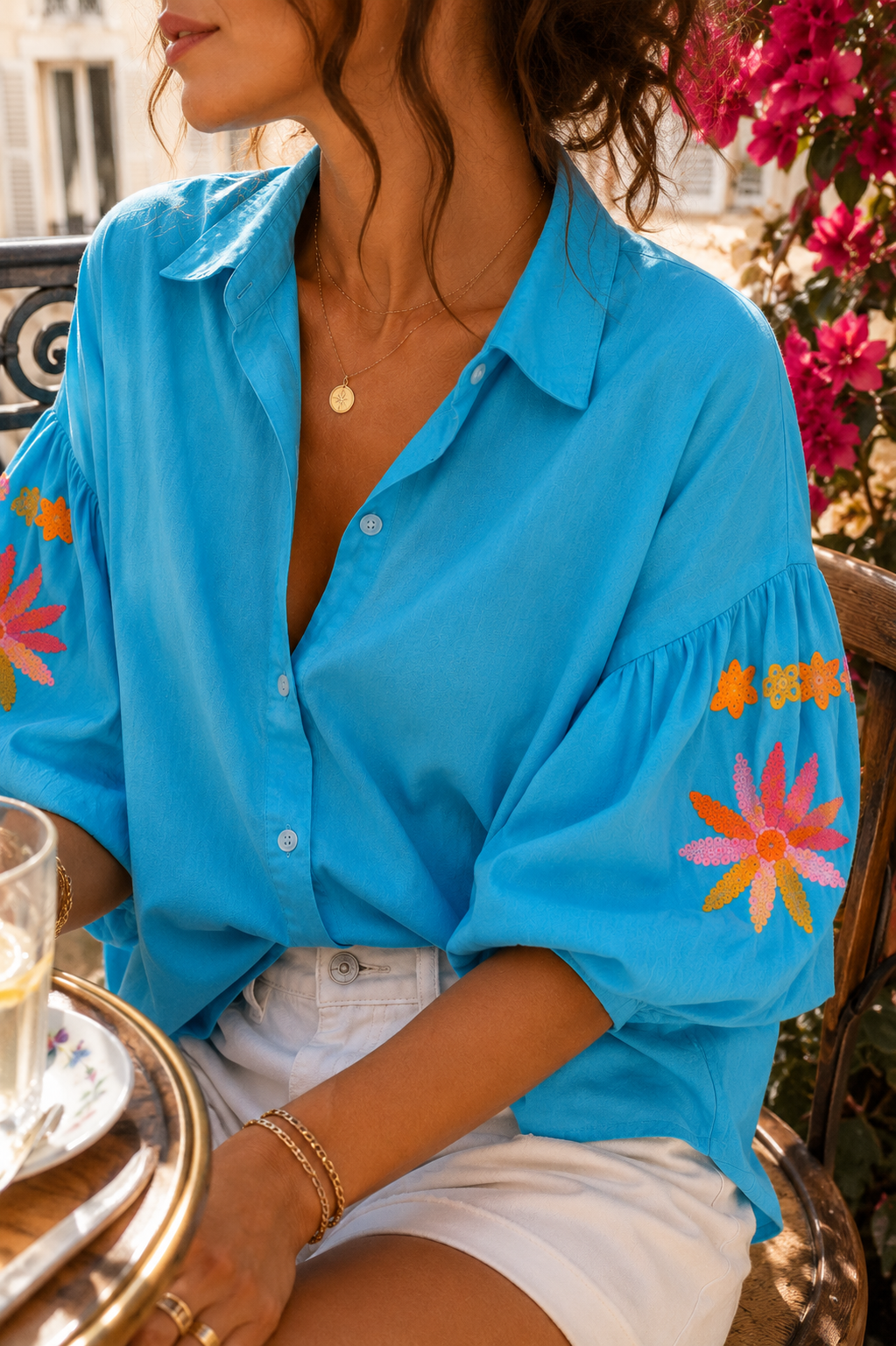 Blouse bleue manches brodées - Luizacco LOUNAE