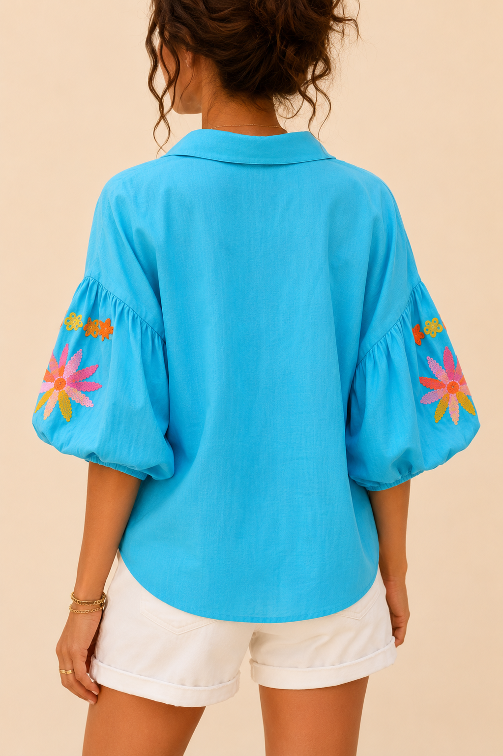Blouse bleue manches brodées - Luizacco LOUNAE