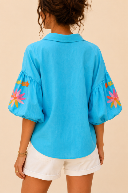 Blouse bleue manches brodées - Luizacco LOUNAE