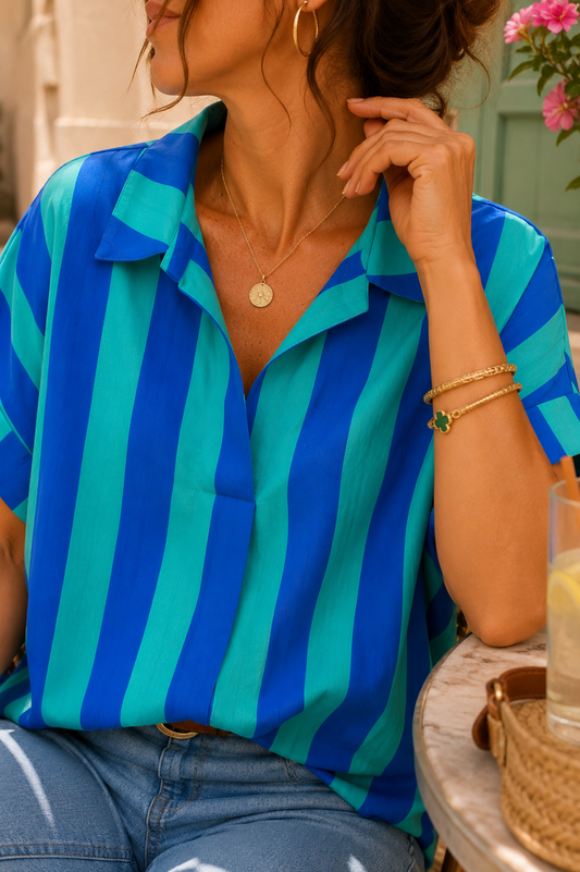 Blouse bleue et verte en coton taille unique LOUNAE
