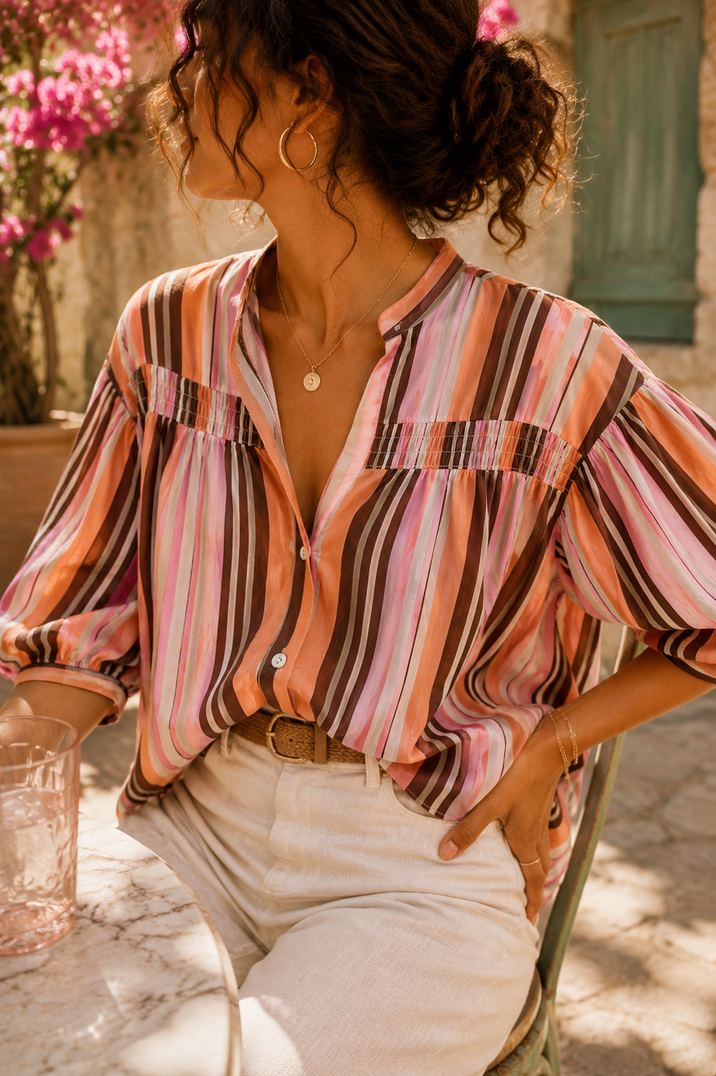 Chemise rayée rose orange marron  manches ballon - taille unique LOUNAE