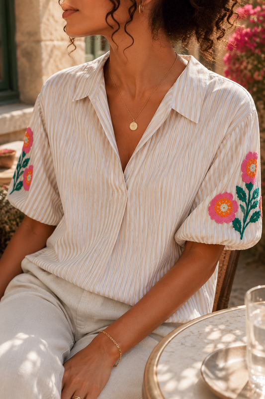 Blouse beige rayée brodée en coton LOUNAE