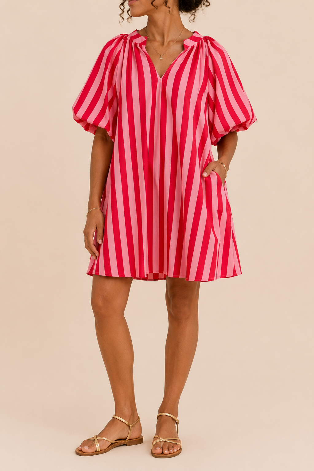 Robe rose et rouge manches ballons en coton LOUNAE