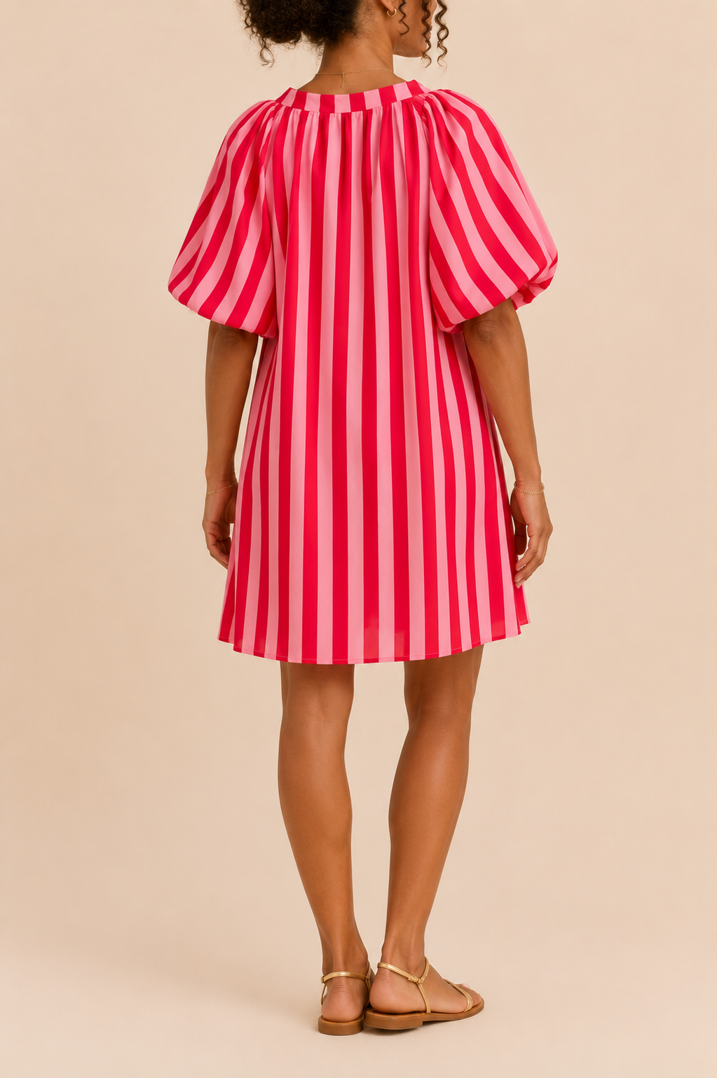 Robe rose et rouge manches ballons en coton LOUNAE