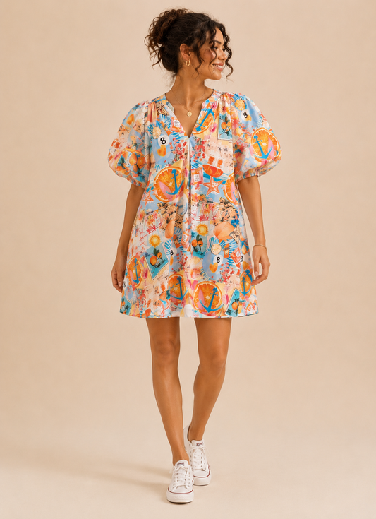 Robe courte imprimée colorée à manches bouffantes - Pohême LOUNAE
