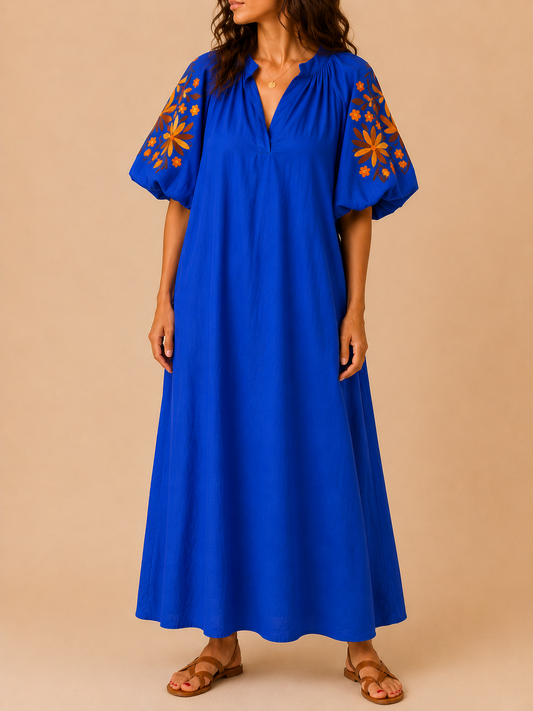 Robe longue bohème bleue  en coton LOUNAE