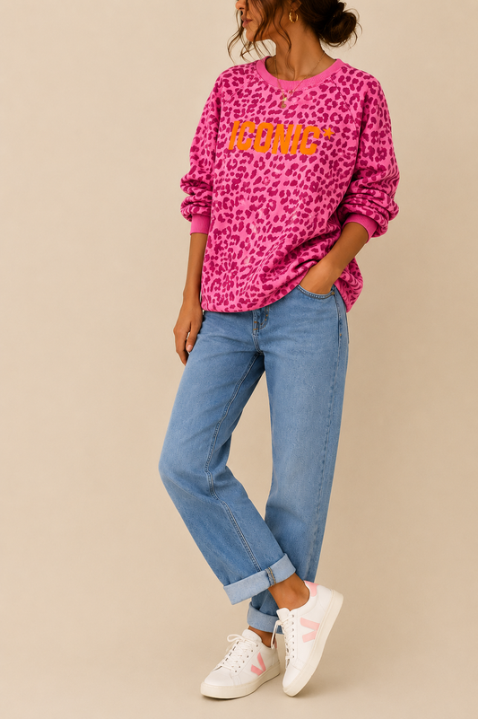 Sweat rose léopard ICONIC en coton LOUNAE