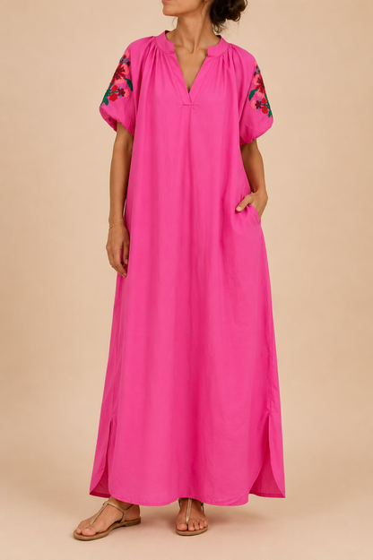 Robe longue bohème rose en coton LOUNAE