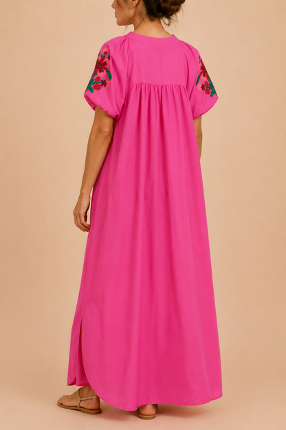 Robe longue bohème rose en coton LOUNAE