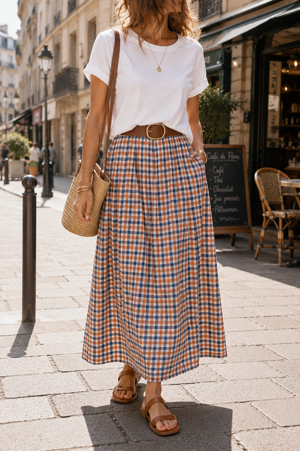 Jupe longue camel&bleu en coton LOUNAE