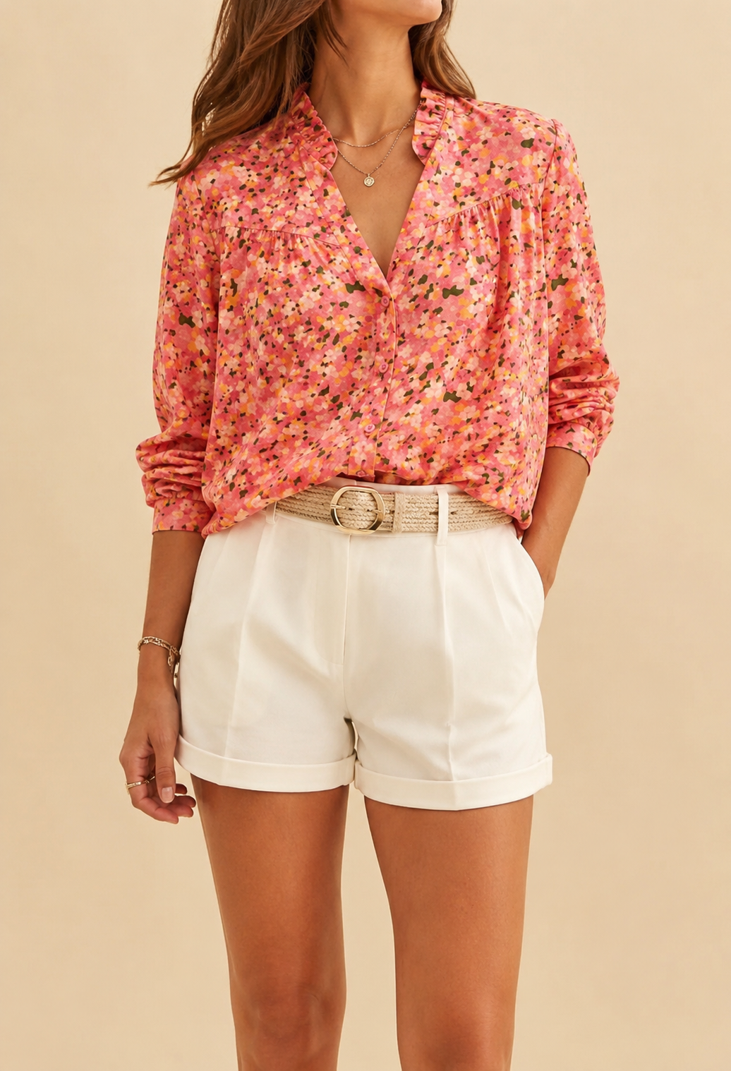 Chemise corail fleurie en coton LOUNAE