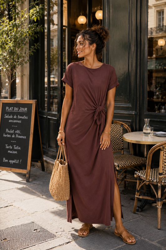 Robe longue marron détail noeuds en coton LOUNAE