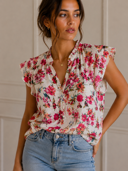 Blouse fleurie manches courtes volantes LOUNAE